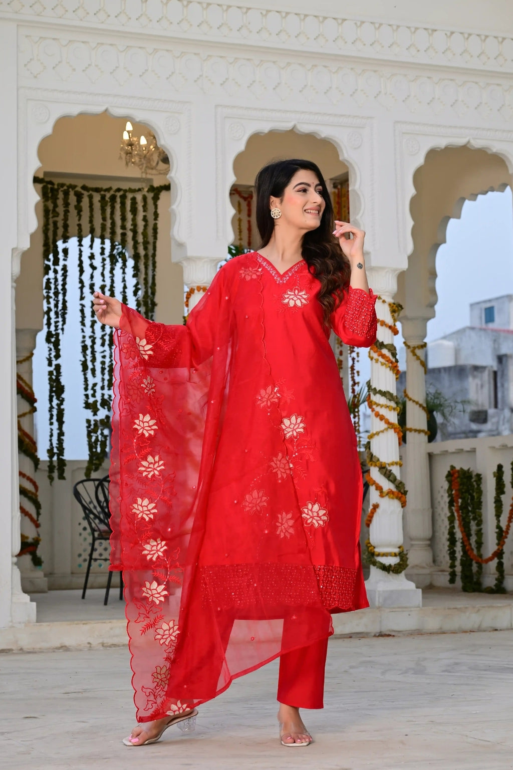 Red Cotton 3-Piece Suit Set with Heavy Embroidery & Organza Dupatta