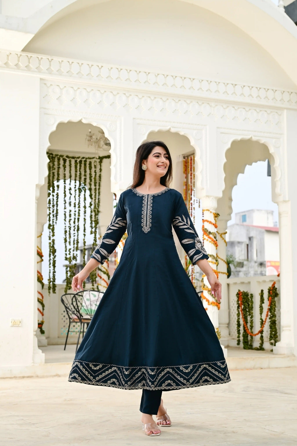 Bottle Green Cotton Silk 3-Piece Frock Suit with Heavy Flare & Embroidered Dupatta