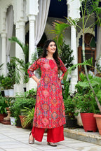 Red Heavy Rayon 2-Piece Suit Set with Gold Print & Handworked Neck