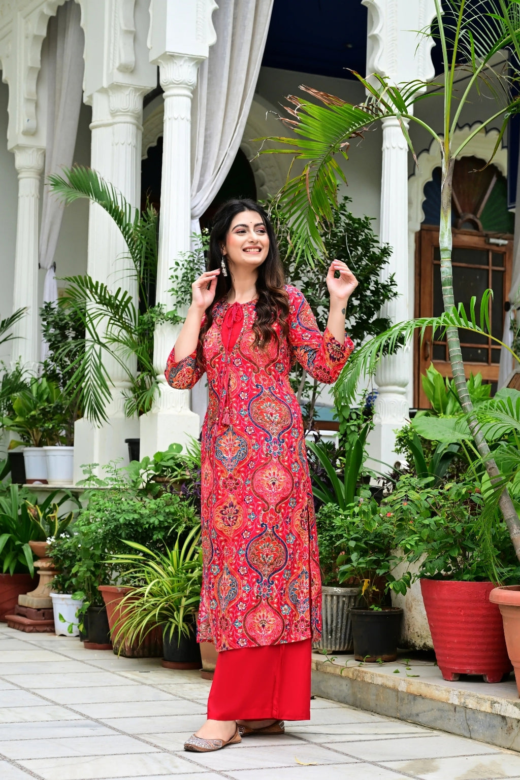 Red Heavy Rayon 2-Piece Suit Set with Gold Print & Handworked Neck