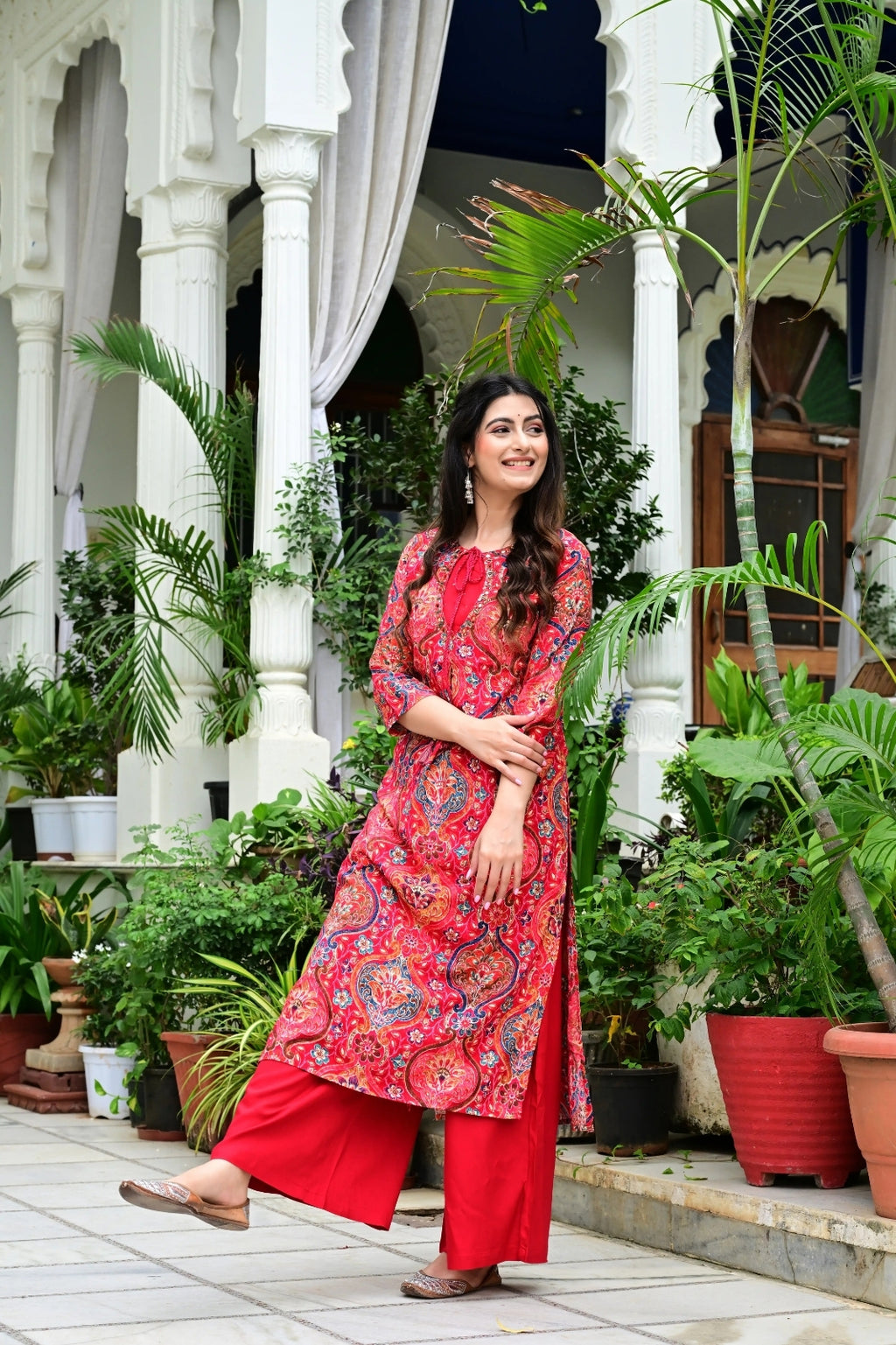 Red Heavy Rayon 2-Piece Suit Set with Gold Print & Handworked Neck