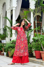Red Heavy Rayon 2-Piece Suit Set with Gold Print & Handworked Neck