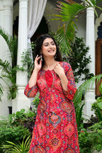 Red Heavy Rayon 2-Piece Suit Set with Gold Print & Handworked Neck