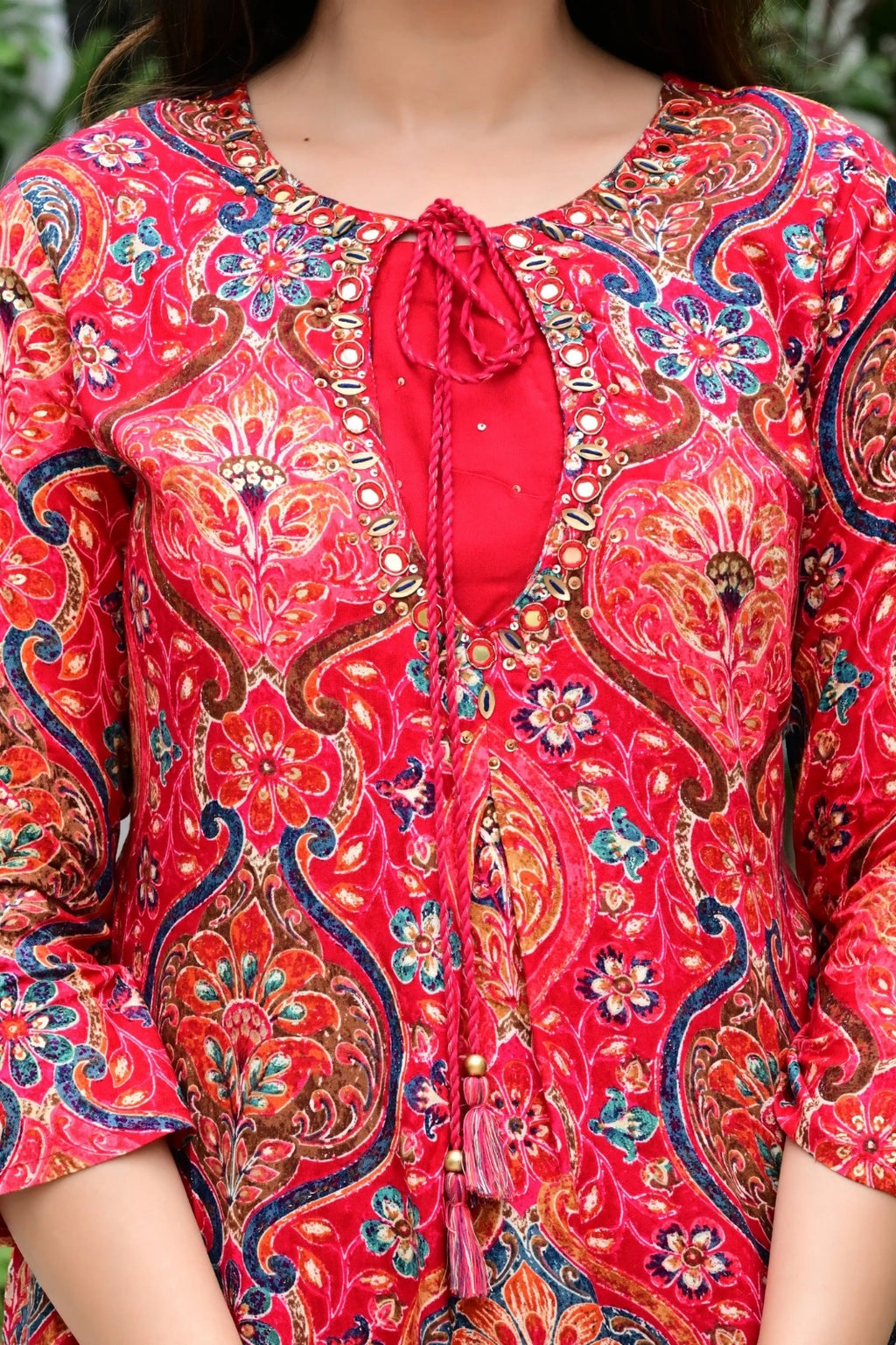 Red Heavy Rayon 2-Piece Suit Set with Gold Print & Handworked Neck