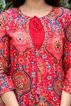 Red Heavy Rayon 2-Piece Suit Set with Gold Print & Handworked Neck