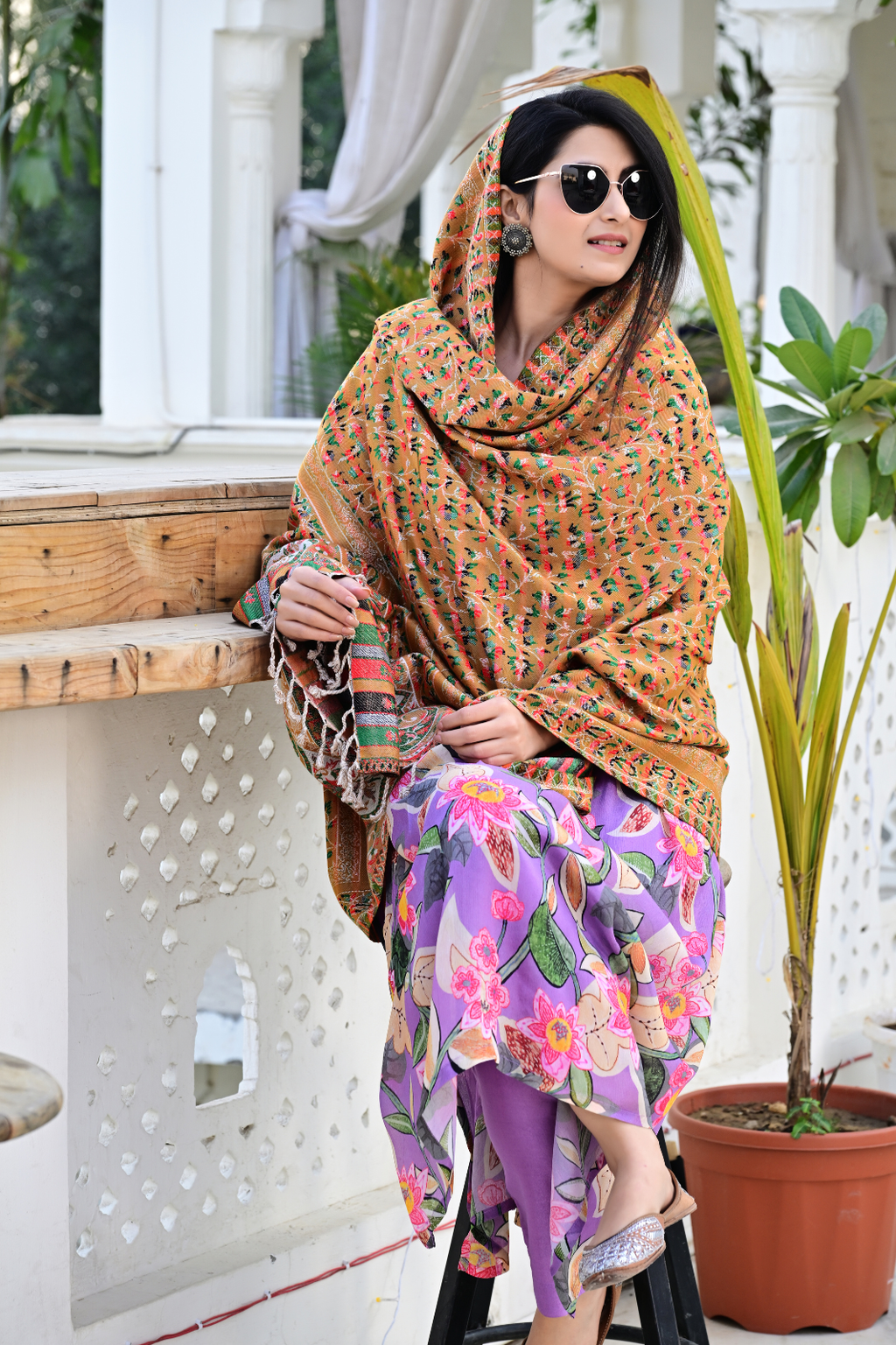 Traditional Woven Shawl with Vibrant Floral Motifs & Festive Colors