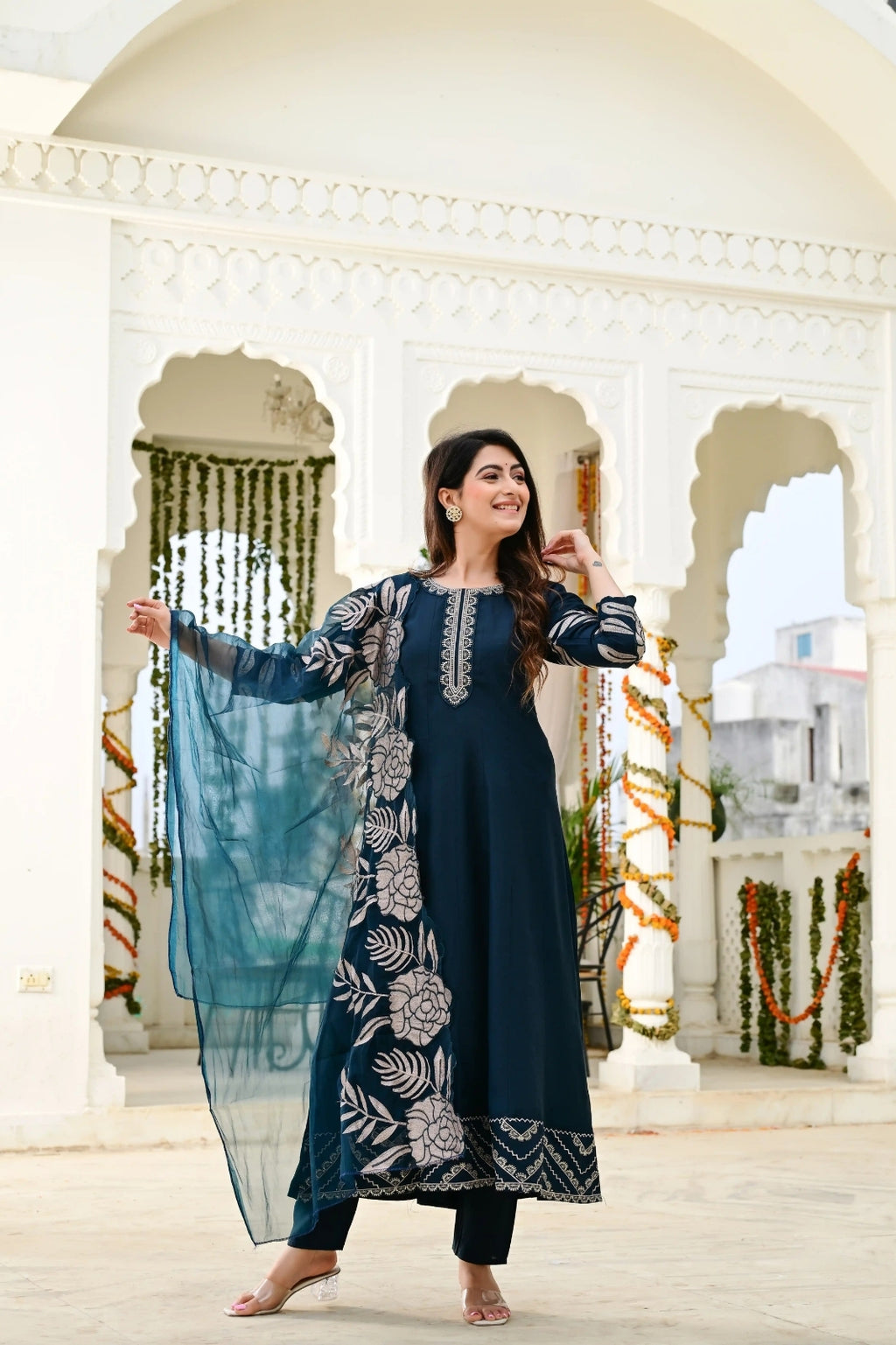 Bottle Green Cotton Silk 3-Piece Frock Suit with Heavy Flare & Embroidered Dupatta
