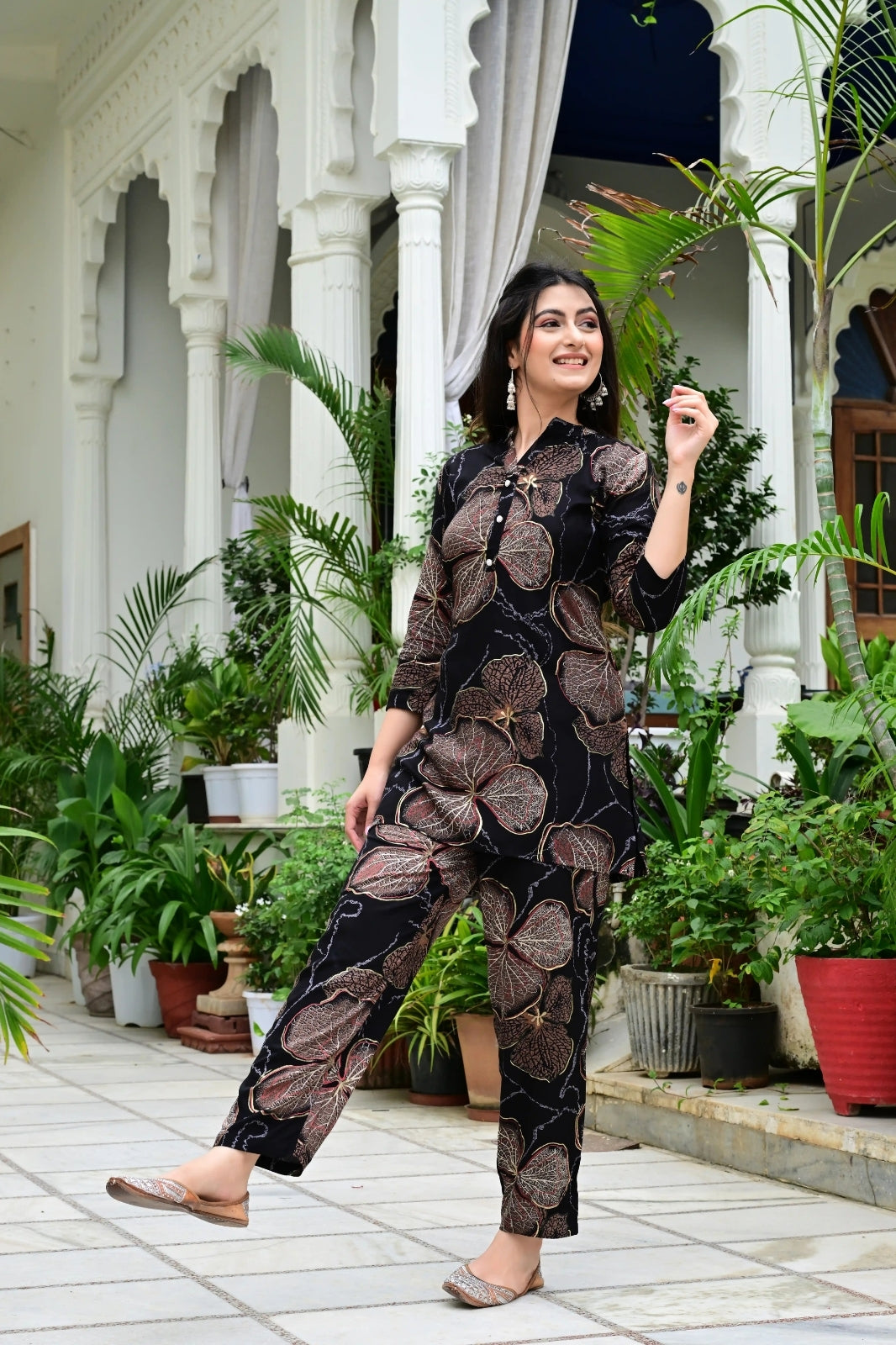 Black Floral Co-Ord Set with Golden Print