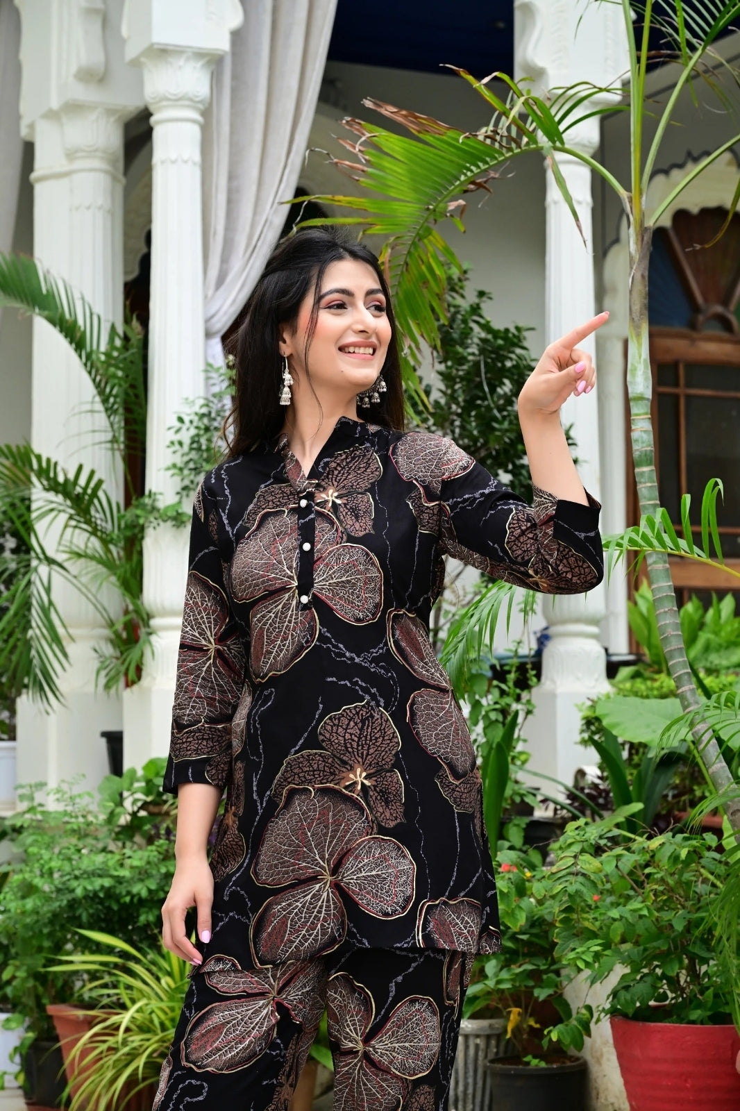 Black Floral Co-Ord Set with Golden Print