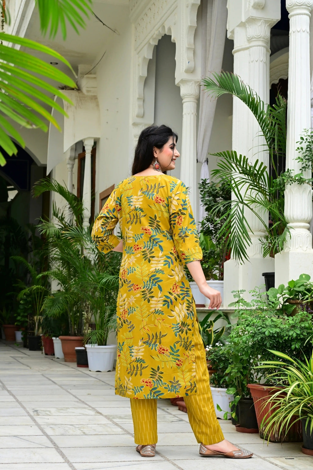 Mustard Pure Cotton Suit Set with Stylish Neck Embroidery & Mirror Work