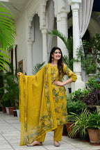 Mustard Pure Cotton Suit Set with Stylish Neck Embroidery & Mirror Work