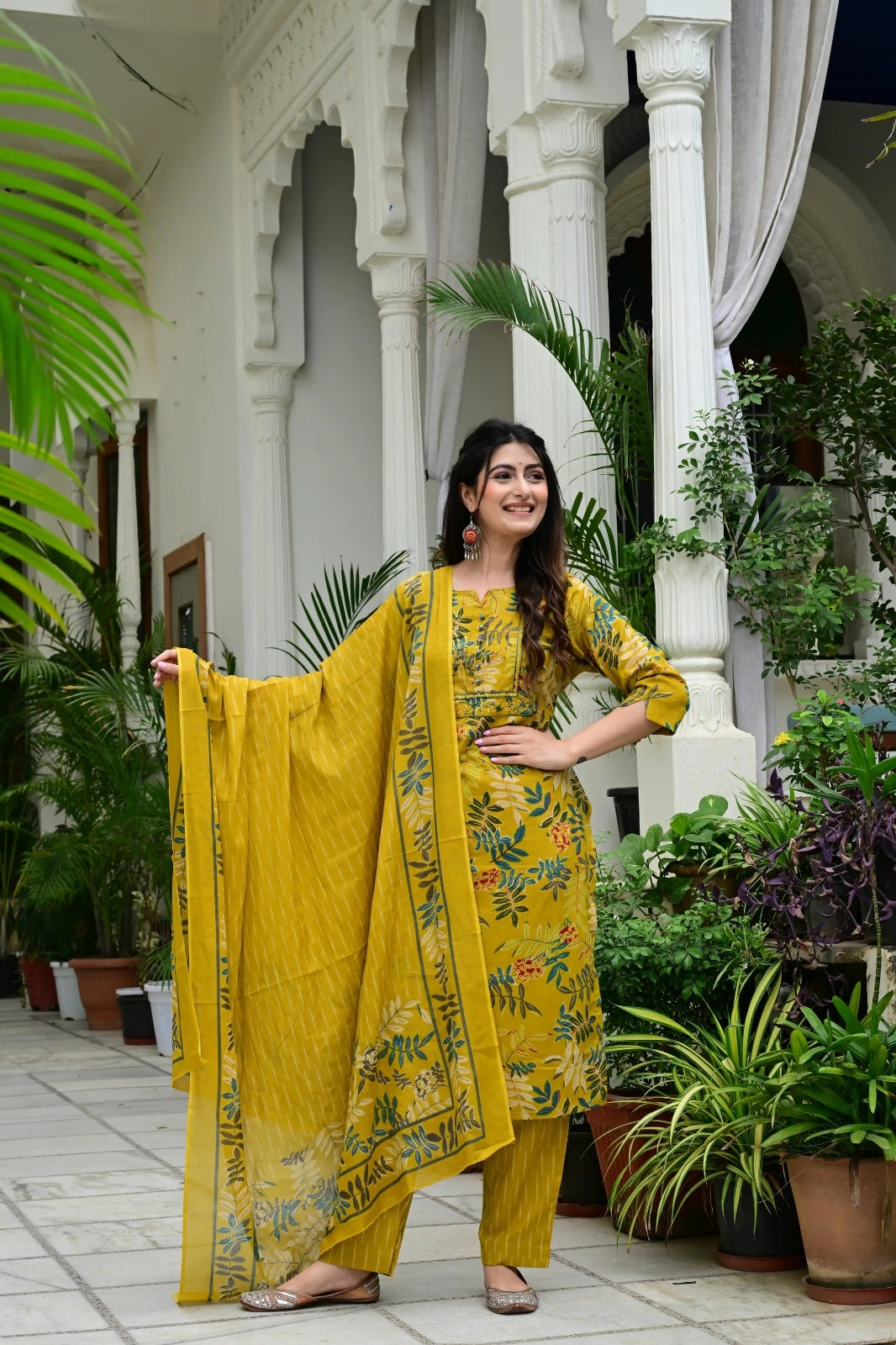 Mustard Pure Cotton Suit Set with Stylish Neck Embroidery & Mirror Work