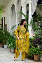 Mustard Pure Cotton Suit Set with Stylish Neck Embroidery & Mirror Work