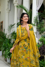 Mustard Pure Cotton Suit Set with Stylish Neck Embroidery & Mirror Work