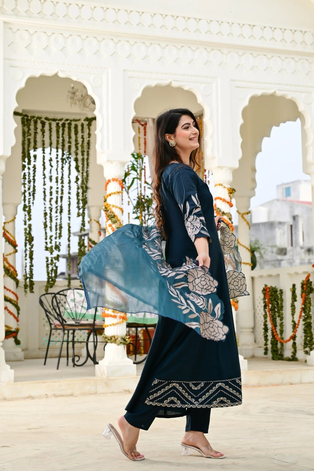 Bottle Green Cotton Silk 3-Piece Frock Suit with Heavy Flare & Embroidered Dupatta