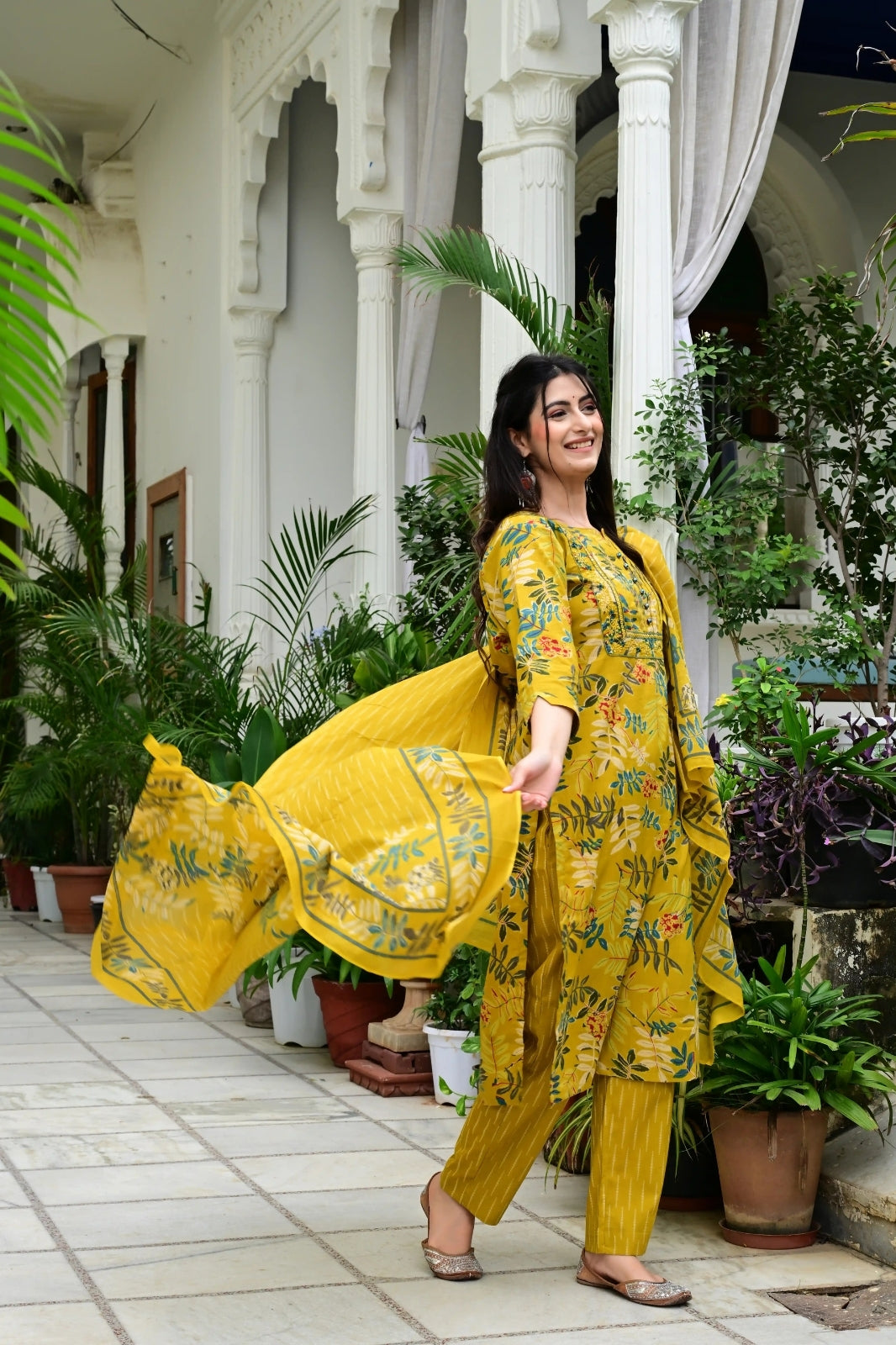 Mustard Pure Cotton Suit Set with Stylish Neck Embroidery & Mirror Work