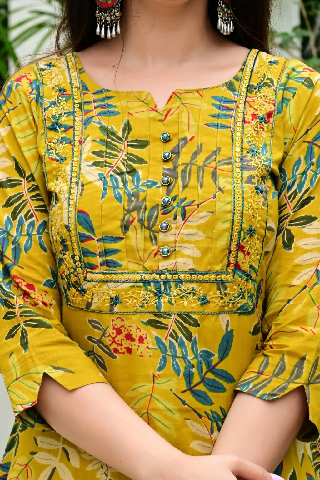 Mustard Pure Cotton Suit Set with Stylish Neck Embroidery & Mirror Work