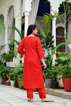 Red 3-Piece Pure Cotton Suit Set with Mirror & Leheriya Design