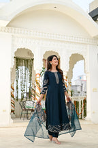 Bottle Green Cotton Silk 3-Piece Frock Suit with Heavy Flare & Embroidered Dupatta