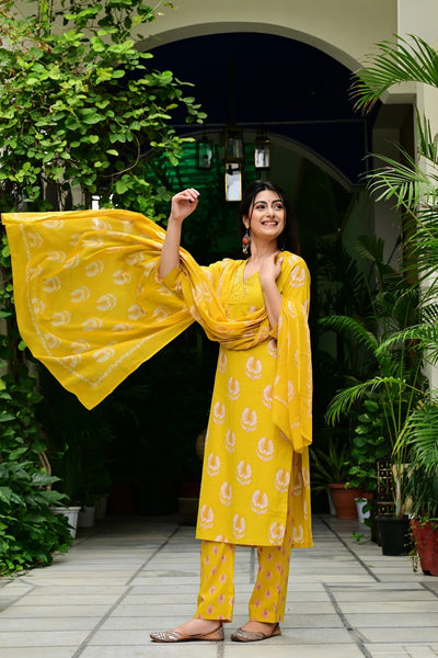 Mustard Mal Cotton Suit Set with Mirror & Embroidery Work