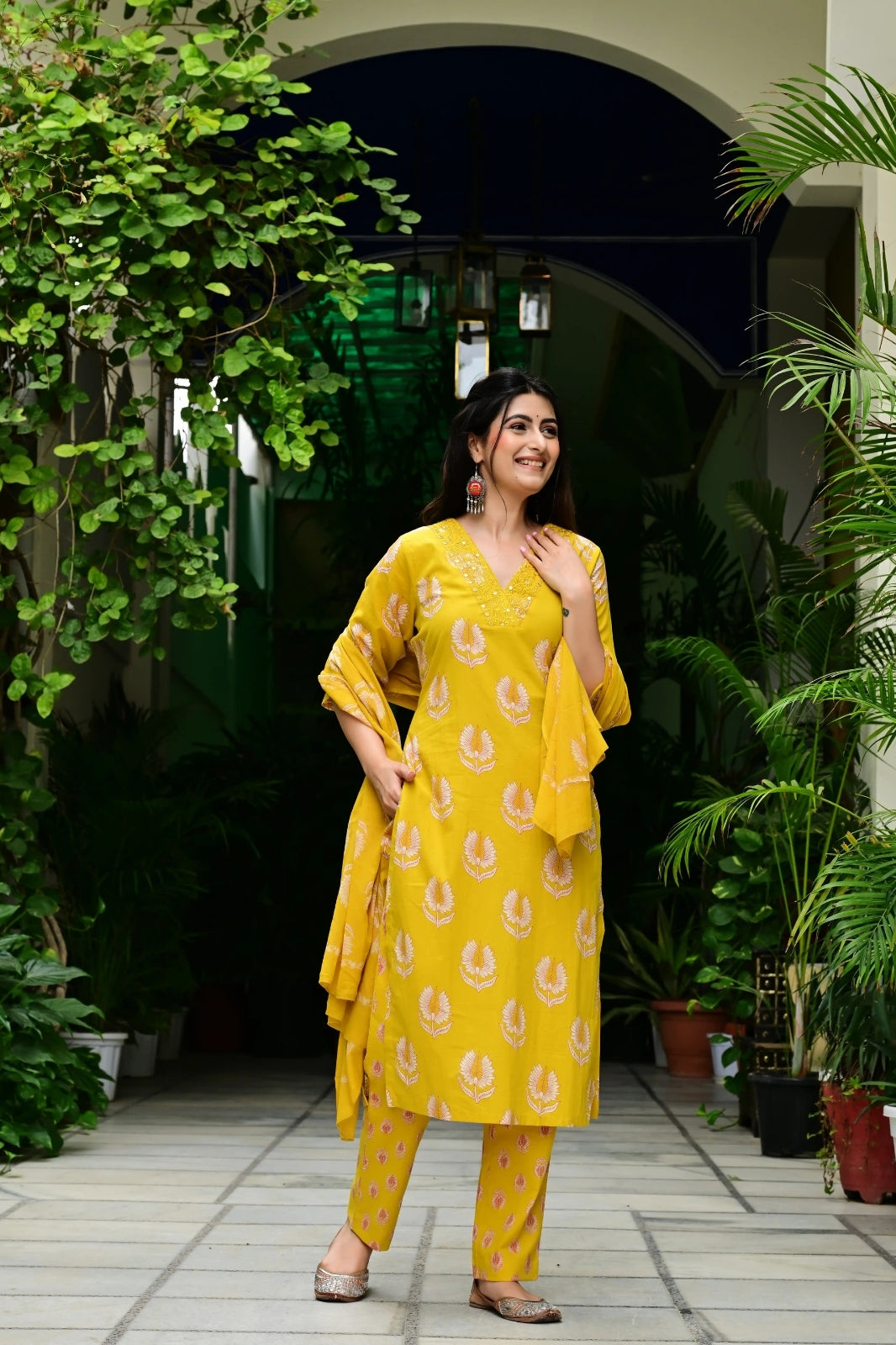 Mustard Mal Cotton Suit Set with Mirror & Embroidery Work