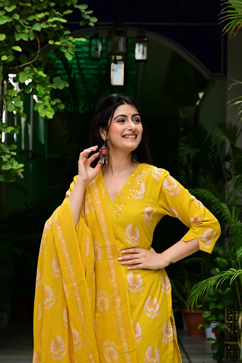 Mustard Mal Cotton Suit Set with Mirror & Embroidery Work