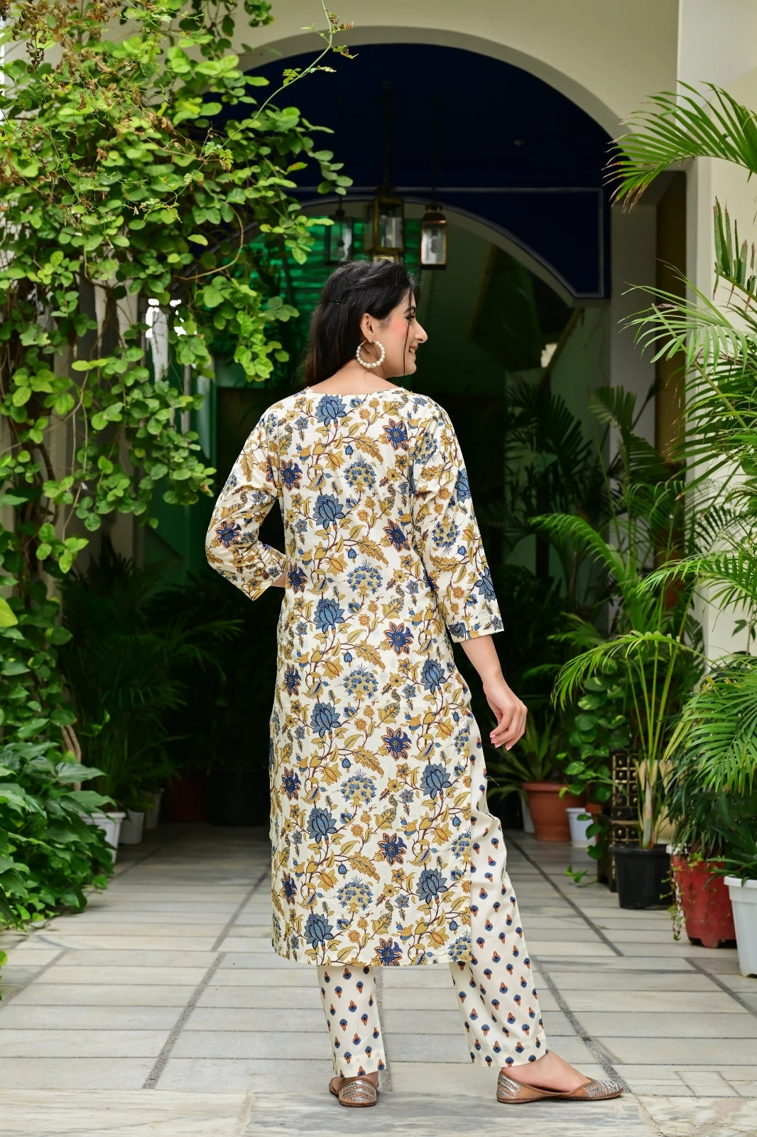 Cream & Blue Printed 3-Piece Pure Cotton Suit Set with Lace Design