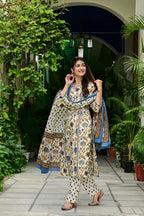 Cream & Blue Printed 3-Piece Pure Cotton Suit Set with Lace Design