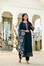 Bottle Green Cotton Silk 3-Piece Frock Suit with Heavy Flare & Embroidered Dupatta