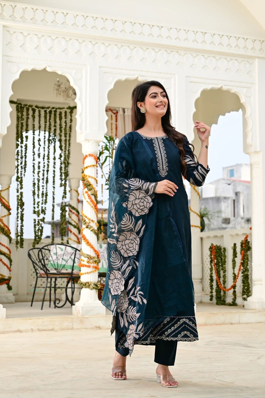 Bottle Green Cotton Silk 3-Piece Frock Suit with Heavy Flare & Embroidered Dupatta