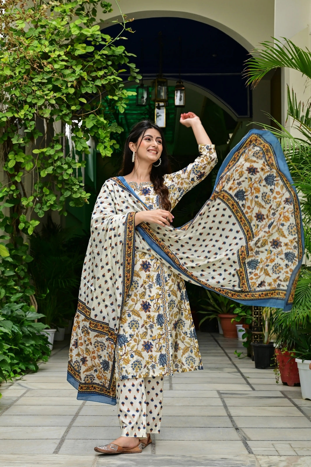 Cream & Blue Printed 3-Piece Pure Cotton Suit Set with Lace Design