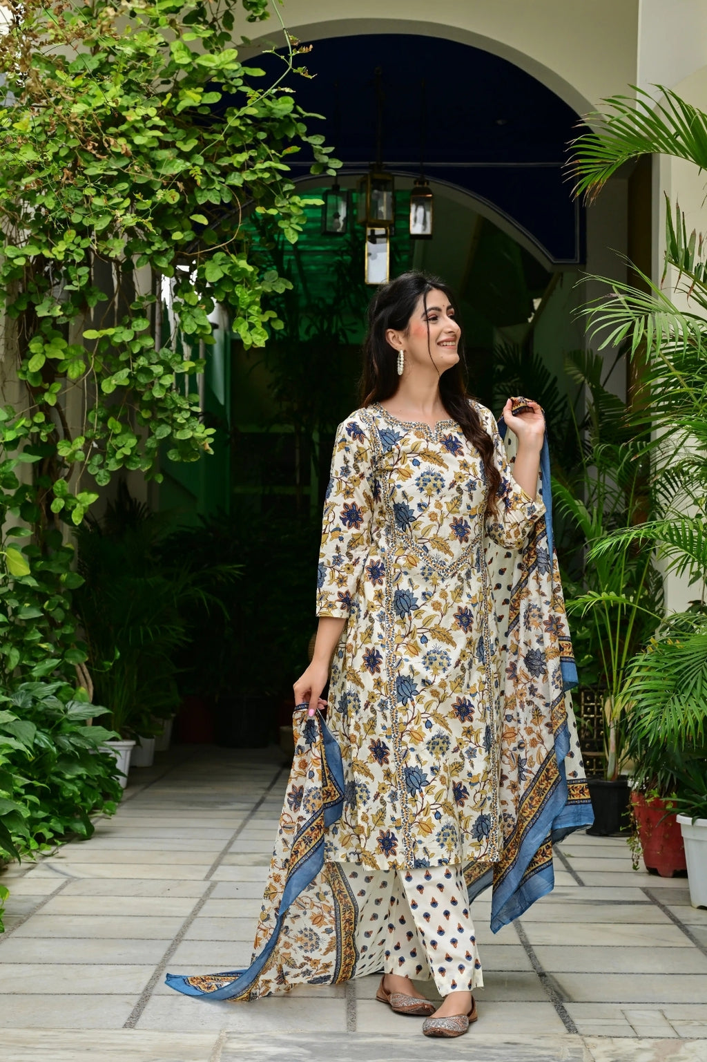 Cream & Blue Printed 3-Piece Pure Cotton Suit Set with Lace Design