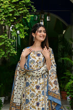 Cream & Blue Printed 3-Piece Pure Cotton Suit Set with Lace Design
