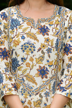 Cream & Blue Printed 3-Piece Pure Cotton Suit Set with Lace Design