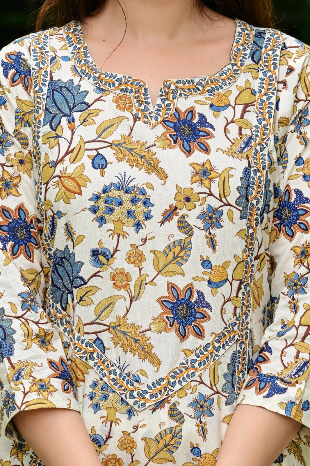 Cream & Blue Printed 3-Piece Pure Cotton Suit Set with Lace Design