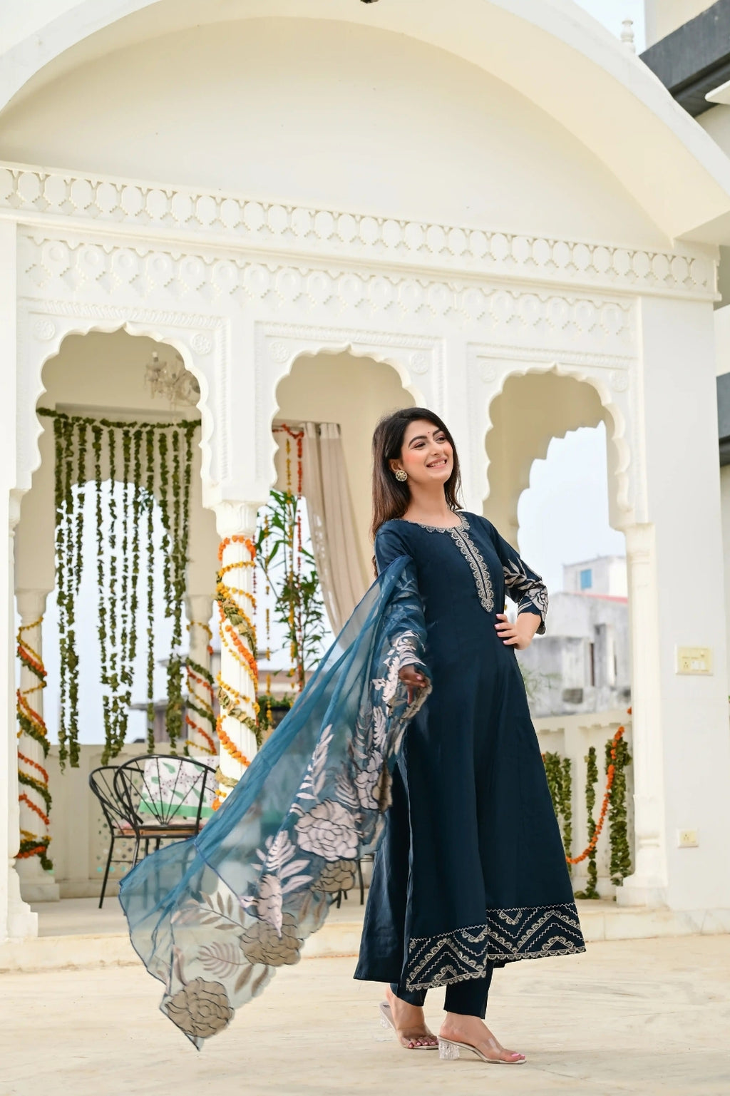 Bottle Green Cotton Silk 3-Piece Frock Suit with Heavy Flare & Embroidered Dupatta