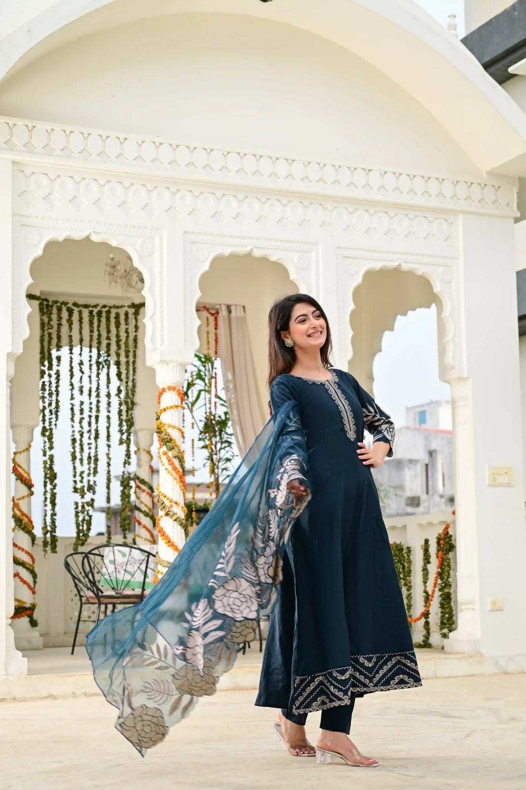 Bottle Green Cotton Silk 3-Piece Frock Suit with Heavy Flare & Embroidered Dupatta