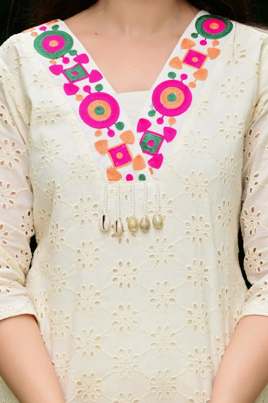 Pure Chicken Cotton 2-Piece Cord Set with Colorful Embroidery & Pearl Work