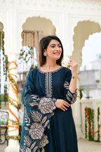 Bottle Green Cotton Silk 3-Piece Frock Suit with Heavy Flare & Embroidered Dupatta
