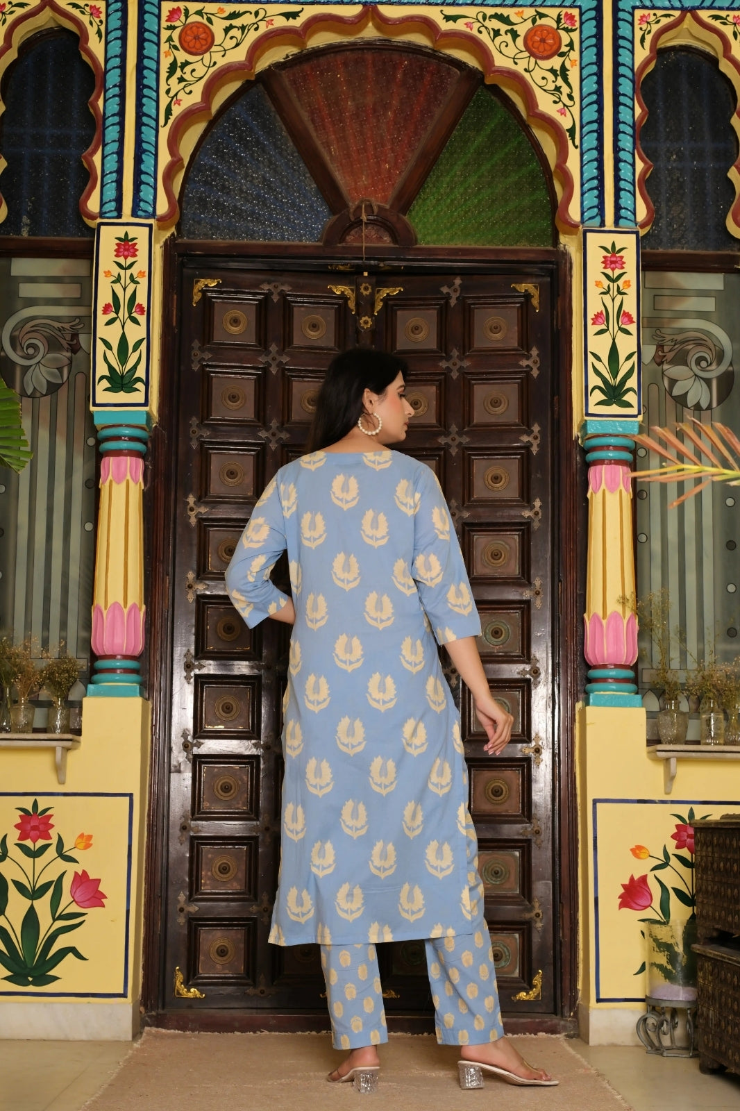 Sky Blue Pure Cotton 3-Piece Suit Set with Heavy Neck Embroidery