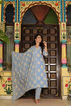 Sky Blue Pure Cotton 3-Piece Suit Set with Heavy Neck Embroidery