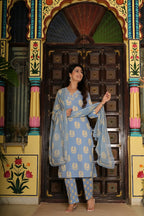 Sky Blue Pure Cotton 3-Piece Suit Set with Heavy Neck Embroidery