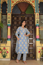 Sky Blue Pure Cotton 3-Piece Suit Set with Heavy Neck Embroidery