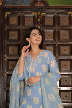 Sky Blue Pure Cotton 3-Piece Suit Set with Heavy Neck Embroidery