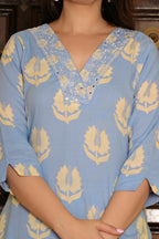 Sky Blue Pure Cotton 3-Piece Suit Set with Heavy Neck Embroidery