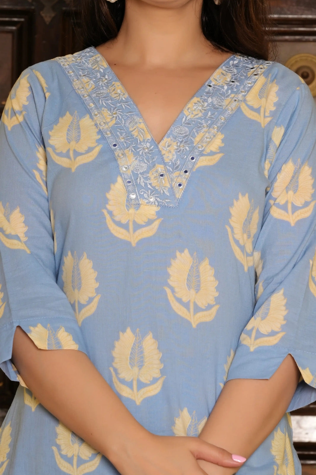 Sky Blue Pure Cotton 3-Piece Suit Set with Heavy Neck Embroidery