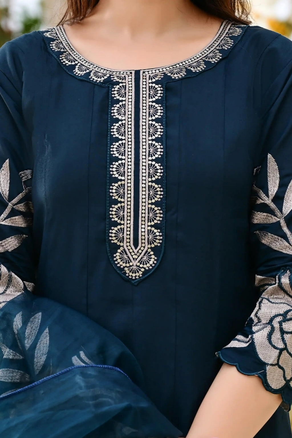 Bottle Green Cotton Silk 3-Piece Frock Suit with Heavy Flare & Embroidered Dupatta