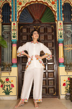 White Pure Cotton 2-Piece Cord Set with Self Embroidery & Cutwork Detailing