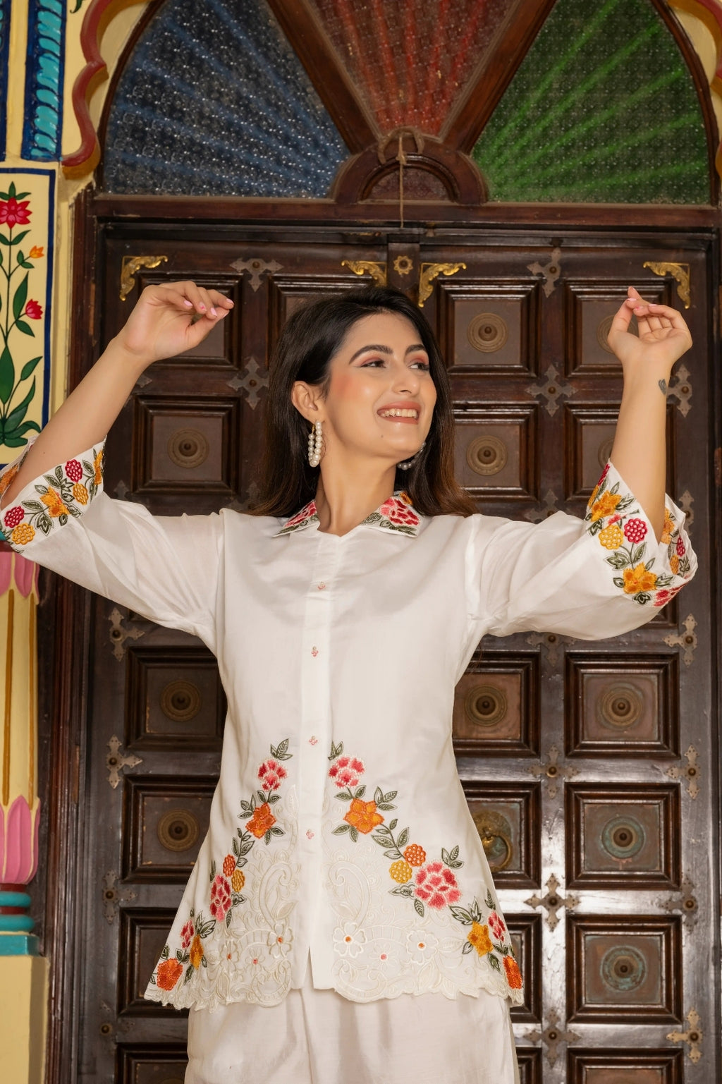 White Pure Cotton 2-Piece Cord Set with Self Embroidery & Cutwork Detailing