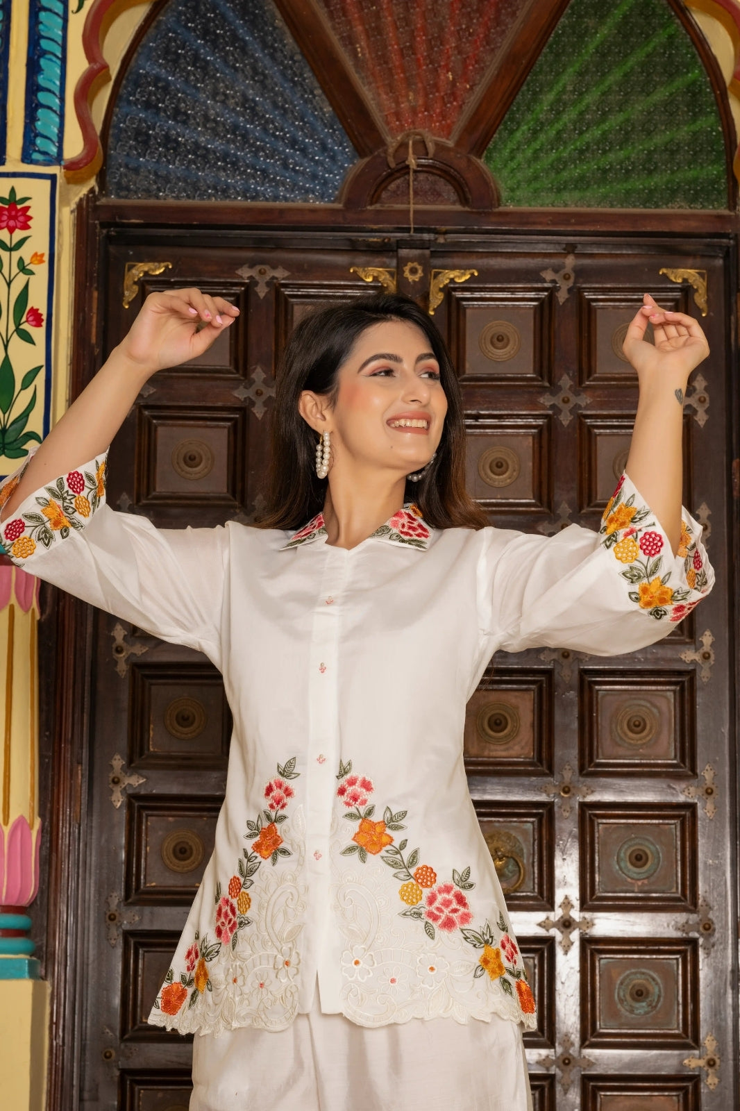 White Pure Cotton 2-Piece Cord Set with Self Embroidery & Cutwork Detailing